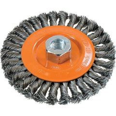WALTER Surface Technologies - 5" OD, 5/8-11 Arbor Hole, Knotted Steel Wheel Brush - 3/8" Face Width, 0.02" Filament Diam, 15,000 RPM - Apex Tool & Supply