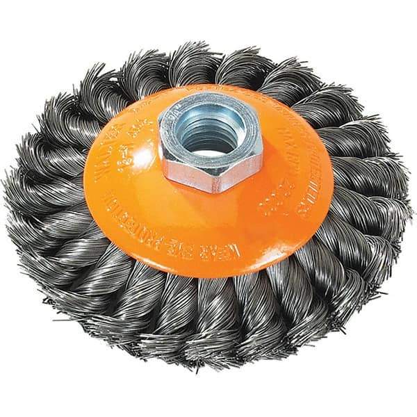 WALTER Surface Technologies - 4" Diam, 5/8-11 Threaded Arbor, Steel Fill Cup Brush - 0.015 Wire Diam, 20,000 Max RPM - Apex Tool & Supply