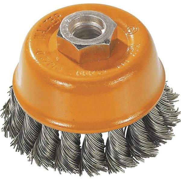 WALTER Surface Technologies - 3" Diam, 1/2-13 Threaded Arbor, Steel Fill Cup Brush - 0.015 Wire Diam, 12,000 Max RPM - Apex Tool & Supply