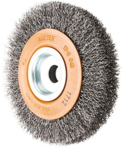 WALTER Surface Technologies - 4" OD, 1/2" Arbor Hole, Crimped Steel Wheel Brush - 3/4" Face Width, 0.0118" Filament Diam, 6,000 RPM - Apex Tool & Supply
