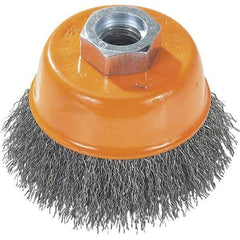 WALTER Surface Technologies - 5" Diam, 5/8-11 Threaded Arbor, Steel Fill Cup Brush - 0.02 Wire Diam, 8,600 Max RPM - Apex Tool & Supply