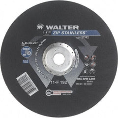 WALTER Surface Technologies - 46 Grit, 9" Wheel Diam, 5/64" Wheel Thickness, 7/8" Arbor Hole, Type 27 Depressed Center Wheel - Aluminum Oxide/Silicon Carbide Blend, Resinoid Bond, 6,600 Max RPM - Apex Tool & Supply