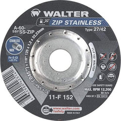 WALTER Surface Technologies - 60 Grit, 5" Wheel Diam, 3/64" Wheel Thickness, 7/8" Arbor Hole, Type 27 Depressed Center Wheel - Aluminum Oxide/Silicon Carbide Blend, Resinoid Bond, 12,200 Max RPM - Apex Tool & Supply