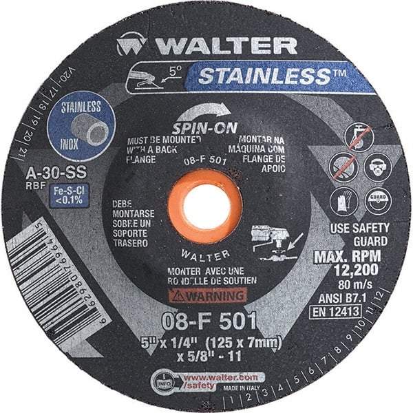 WALTER Surface Technologies - 30 Grit, 5" Wheel Diam, 1/4" Wheel Thickness, Type 28 Depressed Center Wheel - Aluminum Oxide, Resinoid Bond, 12,200 Max RPM - Apex Tool & Supply