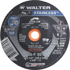 WALTER Surface Technologies - 30 Grit, 5" Wheel Diam, 1/4" Wheel Thickness, Type 28 Depressed Center Wheel - Aluminum Oxide, Resinoid Bond, 12,200 Max RPM - Apex Tool & Supply