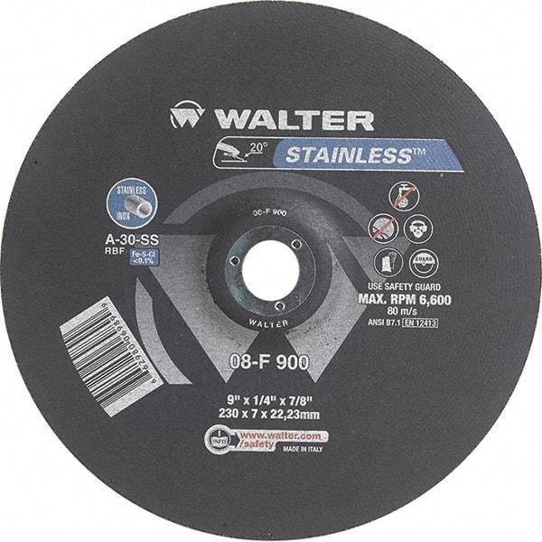 WALTER Surface Technologies - 30 Grit, 9" Wheel Diam, 1/4" Wheel Thickness, 7/8" Arbor Hole, Type 27 Depressed Center Wheel - Aluminum Oxide, Resinoid Bond, 6,600 Max RPM - Apex Tool & Supply