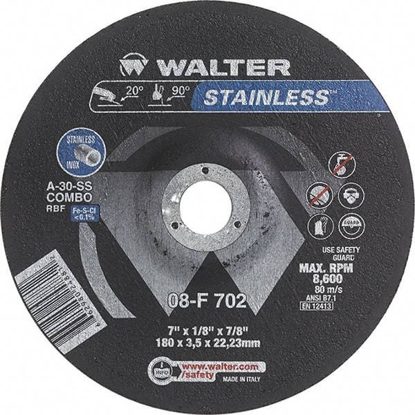 WALTER Surface Technologies - 30 Grit, 7" Wheel Diam, 1/8" Wheel Thickness, 7/8" Arbor Hole, Type 27 Depressed Center Wheel - Aluminum Oxide, Resinoid Bond, 8,600 Max RPM - Apex Tool & Supply