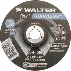 WALTER Surface Technologies - 30 Grit, 6" Wheel Diam, 1/4" Wheel Thickness, 7/8" Arbor Hole, Type 27 Depressed Center Wheel - Aluminum Oxide, Resinoid Bond, 10,200 Max RPM - Apex Tool & Supply