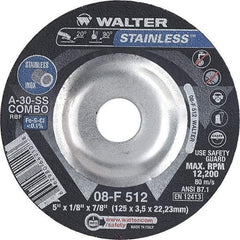 WALTER Surface Technologies - 30 Grit, 5" Wheel Diam, 1/8" Wheel Thickness, 7/8" Arbor Hole, Type 27 Depressed Center Wheel - Aluminum Oxide, Resinoid Bond, 12,200 Max RPM - Apex Tool & Supply