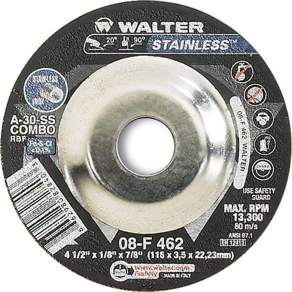 WALTER Surface Technologies - 30 Grit, 4-1/2" Wheel Diam, 1/8" Wheel Thickness, 7/8" Arbor Hole, Type 27 Depressed Center Wheel - Aluminum Oxide, Resinoid Bond, 13,300 Max RPM - Apex Tool & Supply