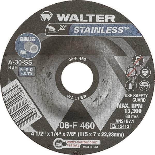 WALTER Surface Technologies - 30 Grit, 4-1/2" Wheel Diam, 1/4" Wheel Thickness, 7/8" Arbor Hole, Type 27 Depressed Center Wheel - Aluminum Oxide, Resinoid Bond, 13,300 Max RPM - Apex Tool & Supply