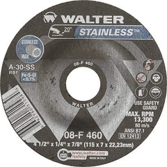 WALTER Surface Technologies - 30 Grit, 4-1/2" Wheel Diam, 1/4" Wheel Thickness, 7/8" Arbor Hole, Type 27 Depressed Center Wheel - Aluminum Oxide, Resinoid Bond, 13,300 Max RPM - Apex Tool & Supply