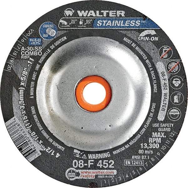 WALTER Surface Technologies - 30 Grit, 4-1/2" Wheel Diam, 1/8" Wheel Thickness, Type 27 Depressed Center Wheel - Aluminum Oxide, Resinoid Bond, 13,300 Max RPM - Apex Tool & Supply