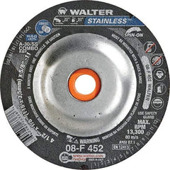 WALTER Surface Technologies - 30 Grit, 4-1/2" Wheel Diam, 1/8" Wheel Thickness, Type 27 Depressed Center Wheel - Aluminum Oxide, Resinoid Bond, 13,300 Max RPM - Apex Tool & Supply
