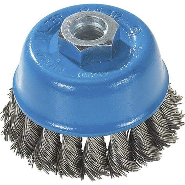 WALTER Surface Technologies - 3" Diam, M14x2.00 Threaded Arbor, Stainless Steel Fill Cup Brush - 0.015 Wire Diam, 12,000 Max RPM - Apex Tool & Supply