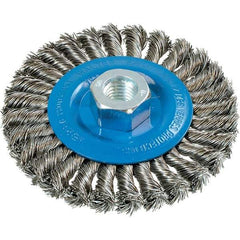 WALTER Surface Technologies - 4-1/2" OD, 5/8-11 Arbor Hole, Knotted Stainless Steel Wheel Brush - 3/8" Face Width, 0.02" Filament Diam, 15,000 RPM - Apex Tool & Supply