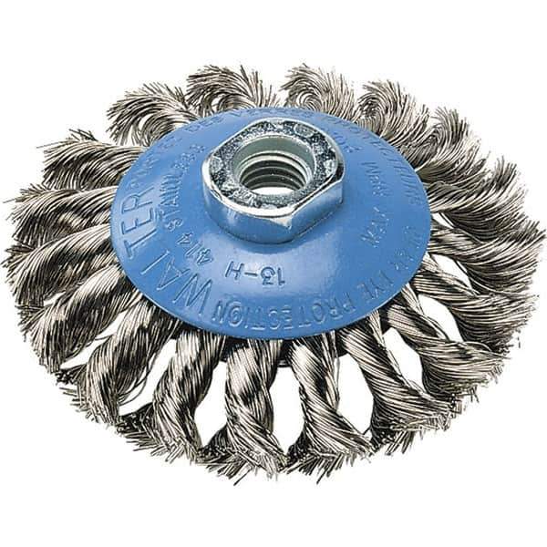 WALTER Surface Technologies - 7" Diam, 5/8-11 Threaded Arbor, Stainless Steel Fill Cup Brush - 0.02 Wire Diam, 10,000 Max RPM - Apex Tool & Supply