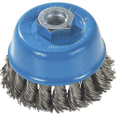 WALTER Surface Technologies - 3" Diam, M10x1.25 Threaded Arbor, Stainless Steel Fill Cup Brush - 0.015 Wire Diam, 12,000 Max RPM - Apex Tool & Supply