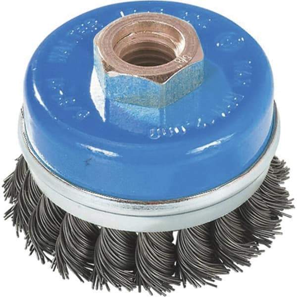 WALTER Surface Technologies - 3" Diam, M14x2.00 Threaded Arbor, Stainless Steel Fill Cup Brush - 0.02 Wire Diam, 12,000 Max RPM - Apex Tool & Supply