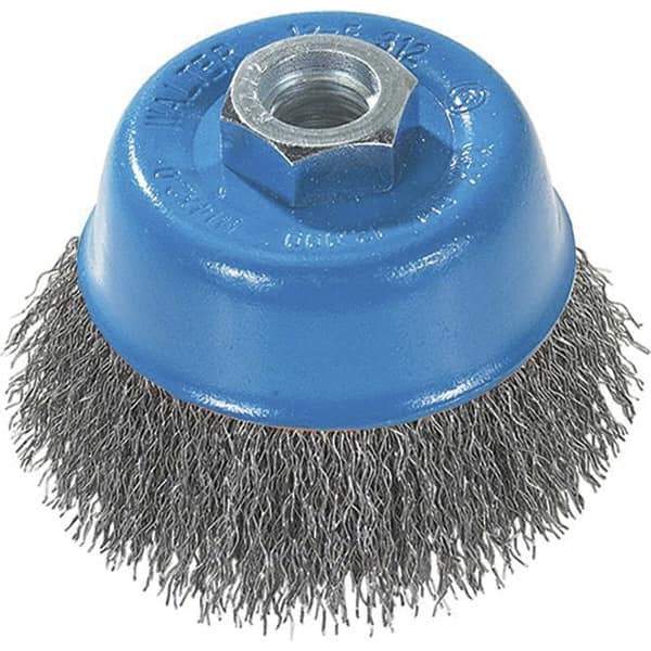 WALTER Surface Technologies - 3" Diam, M14x2.00 Threaded Arbor, Stainless Steel Fill Cup Brush - 0.0118 Wire Diam, 12,000 Max RPM - Apex Tool & Supply