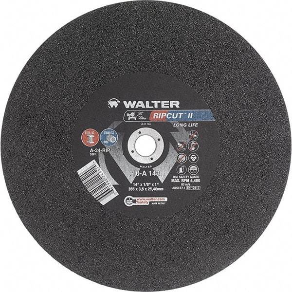 WALTER Surface Technologies - 14" 24 Grit Aluminum Oxide Cutoff Wheel - 1/8" Thick, 1" Arbor, 4,400 Max RPM, Use with Stationary Tools - Apex Tool & Supply