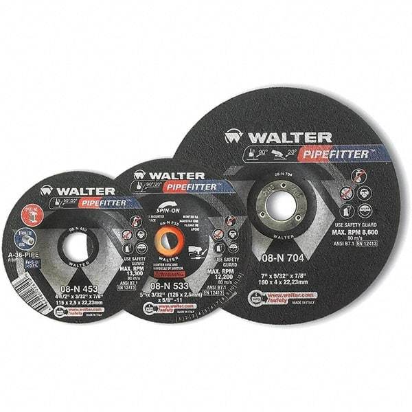 WALTER Surface Technologies - 20 Grit, 7" Wheel Diam, 5/32" Wheel Thickness, Type 27 Depressed Center Wheel - Aluminum Oxide/Silicon Carbide Blend, Resinoid Bond, 8,600 Max RPM - Apex Tool & Supply