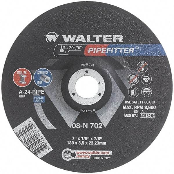 WALTER Surface Technologies - 24 Grit, 7" Wheel Diam, 1/8" Wheel Thickness, 7/8" Arbor Hole, Type 27 Depressed Center Wheel - Aluminum Oxide/Silicon Carbide Blend, Resinoid Bond, 8,600 Max RPM, Compatible with Angle Grinder - Apex Tool & Supply