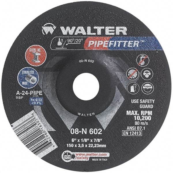 WALTER Surface Technologies - 24 Grit, 6" Wheel Diam, 1/8" Wheel Thickness, 7/8" Arbor Hole, Type 27 Depressed Center Wheel - Aluminum Oxide/Silicon Carbide Blend, Resinoid Bond, 10,200 Max RPM, Compatible with Angle Grinder - Apex Tool & Supply