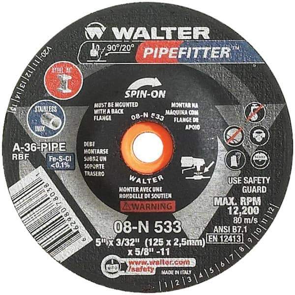 WALTER Surface Technologies - 36 Grit, 5" Wheel Diam, 3/32" Wheel Thickness, Type 27 Depressed Center Wheel - Aluminum Oxide/Silicon Carbide Blend, Resinoid Bond, 12,200 Max RPM - Apex Tool & Supply