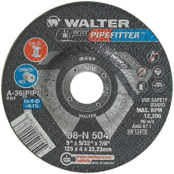 WALTER Surface Technologies - 36 Grit, 5" Wheel Diam, 5/32" Wheel Thickness, 7/8" Arbor Hole, Type 27 Depressed Center Wheel - Aluminum Oxide/Silicon Carbide Blend, Resinoid Bond, 12,200 Max RPM - Apex Tool & Supply