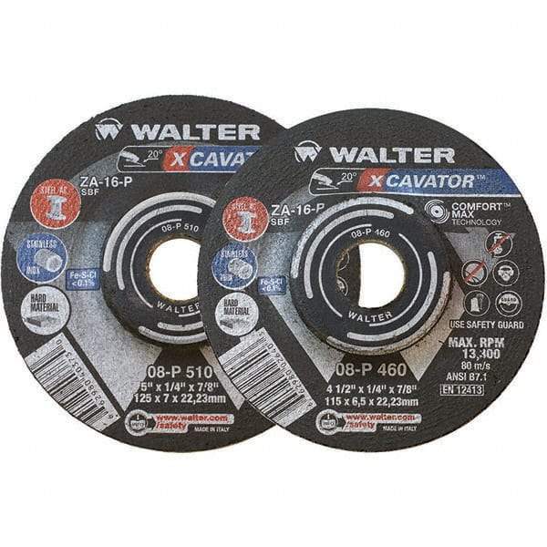WALTER Surface Technologies - 16 Grit, 9" Wheel Diam, 1/4" Wheel Thickness, 7/8" Arbor Hole, Type 27 Depressed Center Wheel - Aluminum Oxide, Resinoid Bond, 6,600 Max RPM - Apex Tool & Supply