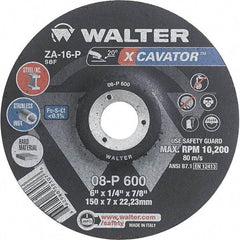 WALTER Surface Technologies - 16 Grit, 6" Wheel Diam, 1/4" Wheel Thickness, 7/8" Arbor Hole, Type 27 Depressed Center Wheel - Aluminum Oxide, Resinoid Bond, 10,200 Max RPM - Apex Tool & Supply