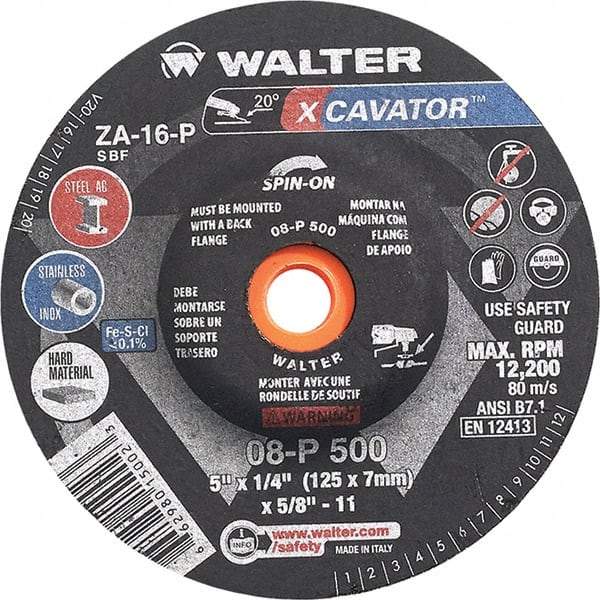 WALTER Surface Technologies - 16 Grit, 5" Wheel Diam, 1/4" Wheel Thickness, Type 27 Depressed Center Wheel - Aluminum Oxide, Resinoid Bond, 12,200 Max RPM - Apex Tool & Supply