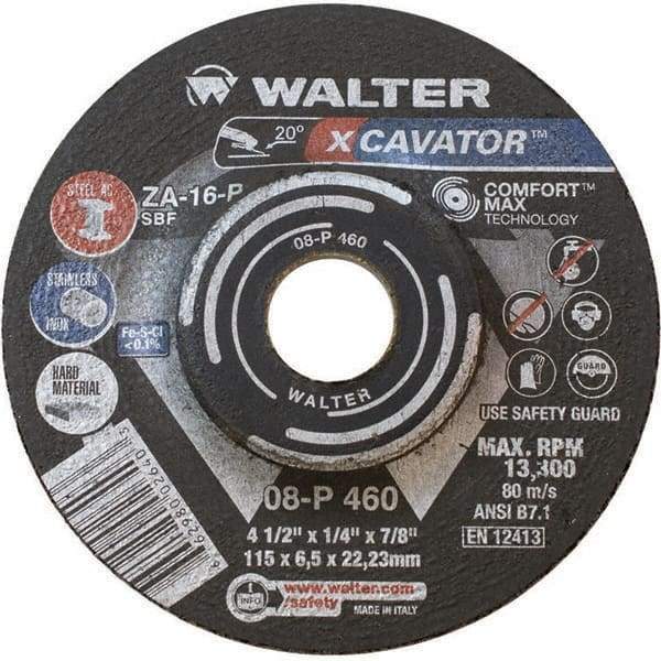 WALTER Surface Technologies - 16 Grit, 4-1/2" Wheel Diam, 1/4" Wheel Thickness, 7/8" Arbor Hole, Type 27 Depressed Center Wheel - Aluminum Oxide, Resinoid Bond, 13,300 Max RPM - Apex Tool & Supply