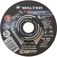 WALTER Surface Technologies - 16 Grit, 4-1/2" Wheel Diam, 1/4" Wheel Thickness, 7/8" Arbor Hole, Type 27 Depressed Center Wheel - Aluminum Oxide, Resinoid Bond, 13,300 Max RPM - Apex Tool & Supply