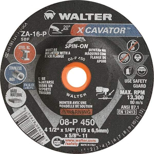 WALTER Surface Technologies - 16 Grit, 4-1/2" Wheel Diam, 1/4" Wheel Thickness, Type 27 Depressed Center Wheel - Aluminum Oxide, Resinoid Bond, 13,300 Max RPM - Apex Tool & Supply