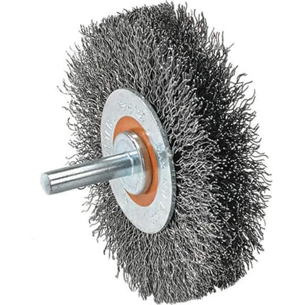 WALTER Surface Technologies - 3" OD, 1/4" Shank Diam, Crimped Steel Wheel Brush - 3/4" Face Width, 0.0118" Filament Diam, 12,000 RPM - Apex Tool & Supply