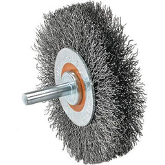 WALTER Surface Technologies - 3" OD, 1/4" Shank Diam, Crimped Steel Wheel Brush - 3/4" Face Width, 0.0118" Filament Diam, 12,000 RPM - Apex Tool & Supply