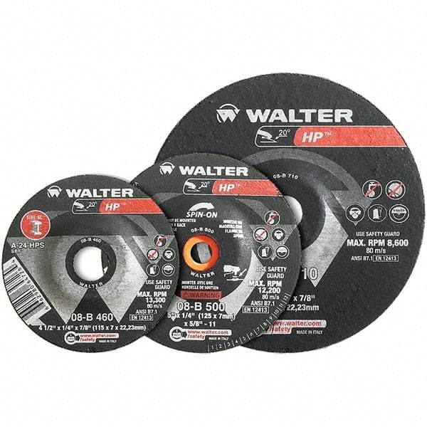WALTER Surface Technologies - 24 Grit, 9" Wheel Diam, 1/4" Wheel Thickness, Type 28 Depressed Center Wheel - Aluminum Oxide, Resinoid Bond, 6,600 Max RPM - Apex Tool & Supply