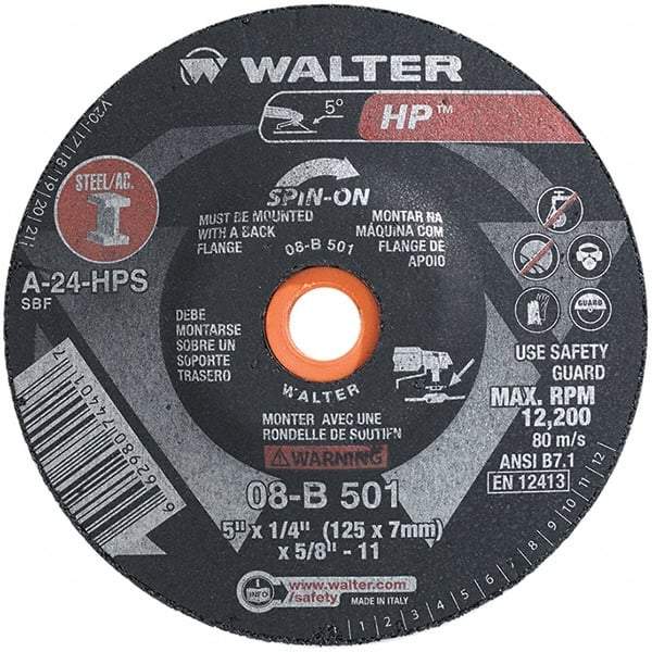 WALTER Surface Technologies - 24 Grit, 5" Wheel Diam, 1/4" Wheel Thickness, Type 28 Depressed Center Wheel - Aluminum Oxide, Resinoid Bond, 12,200 Max RPM - Apex Tool & Supply