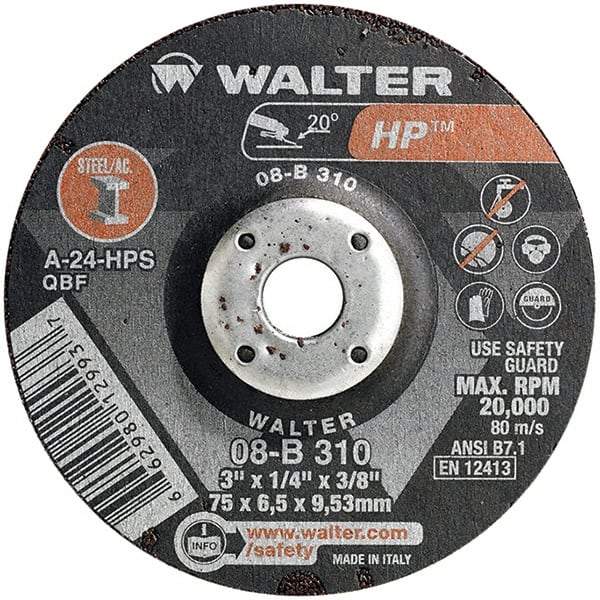 WALTER Surface Technologies - 24 Grit, 3" Wheel Diam, 1/4" Wheel Thickness, 3/8" Arbor Hole, Type 27 Depressed Center Wheel - Aluminum Oxide, Resinoid Bond, 20,000 Max RPM - Apex Tool & Supply