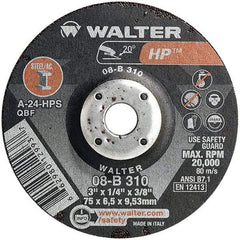 WALTER Surface Technologies - 24 Grit, 3" Wheel Diam, 1/4" Wheel Thickness, 3/8" Arbor Hole, Type 27 Depressed Center Wheel - Aluminum Oxide, Resinoid Bond, 20,000 Max RPM - Apex Tool & Supply
