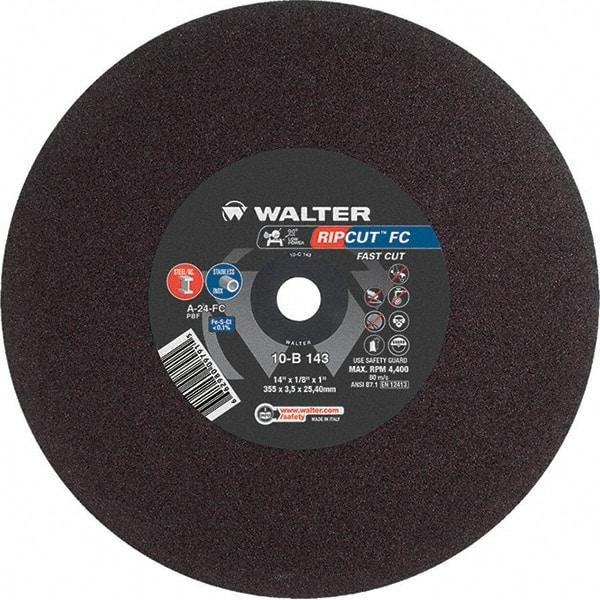 WALTER Surface Technologies - 14" 24 Grit Aluminum Oxide Cutoff Wheel - 1/8" Thick, 1" Arbor, 4,400 Max RPM, Use with Stationary Tools - Apex Tool & Supply