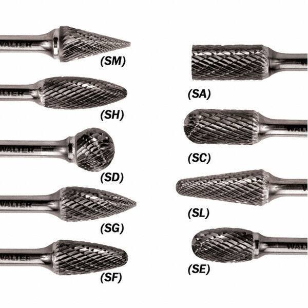 WALTER Surface Technologies - 1/2" Cut Diam, 1/4" Shank Diam, Taper Head Double Cut Burr - Carbide, 1" LOC - Apex Tool & Supply