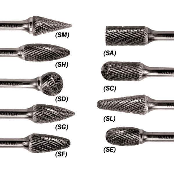 WALTER Surface Technologies - 1/2" Cut Diam, 1/4" Shank Diam, Taper Head Double Cut Burr - Carbide, 1" LOC - Apex Tool & Supply