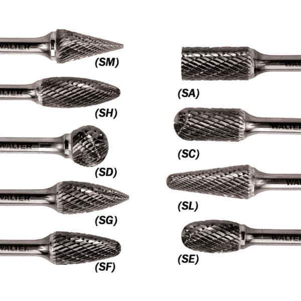 WALTER Surface Technologies - 5/16" Cut Diam, 1/4" Shank Diam, Flame Head Double Cut Burr - Carbide, 3/4" LOC - Apex Tool & Supply
