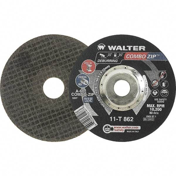 WALTER Surface Technologies - 60 Grit, 6" Wheel Diam, 5/64" Wheel Thickness, 7/8" Arbor Hole, Type 27 Depressed Center Wheel - 10,200 Max RPM - Apex Tool & Supply