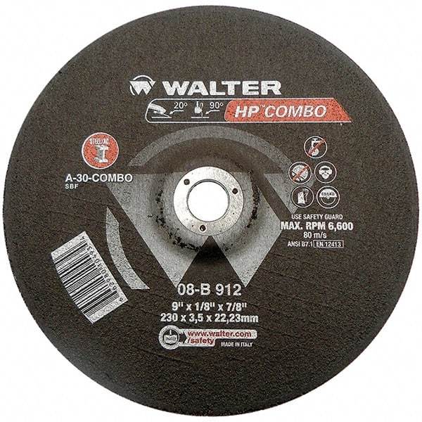 WALTER Surface Technologies - 30 Grit, 9" Wheel Diam, 1/8" Wheel Thickness, 7/8" Arbor Hole, Type 27 Depressed Center Wheel - Aluminum Oxide, Resinoid Bond, 6,600 Max RPM - Apex Tool & Supply