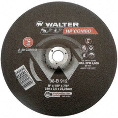 WALTER Surface Technologies - 30 Grit, 9" Wheel Diam, 1/8" Wheel Thickness, 7/8" Arbor Hole, Type 27 Depressed Center Wheel - Aluminum Oxide, Resinoid Bond, 6,600 Max RPM - Apex Tool & Supply