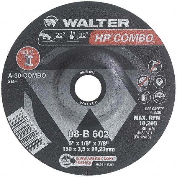 WALTER Surface Technologies - 30 Grit, 6" Wheel Diam, 1/8" Wheel Thickness, 7/8" Arbor Hole, Type 27 Depressed Center Wheel - Aluminum Oxide, Resinoid Bond, 10,200 Max RPM - Apex Tool & Supply